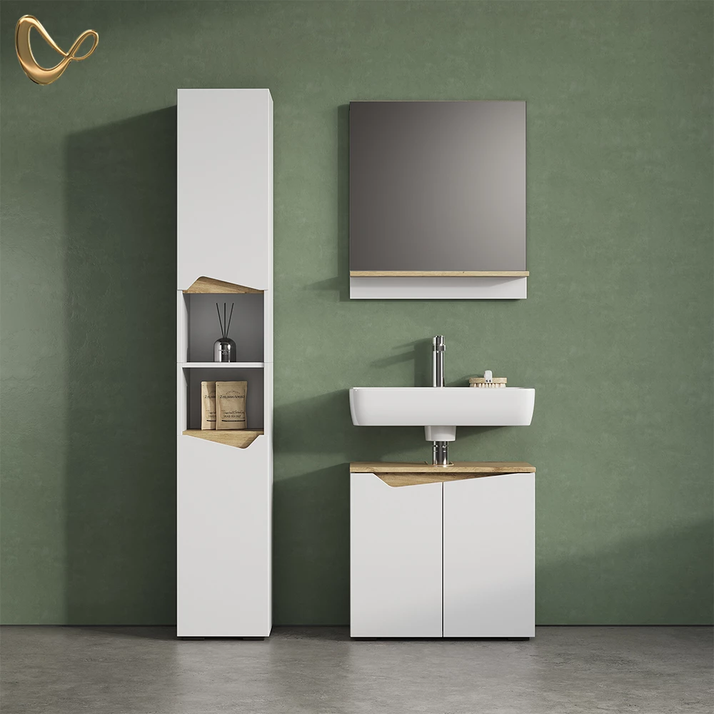 Waschbeckenunterschrank in Weiß, dargestellt im Ambiente und auf weißem Hintergrund