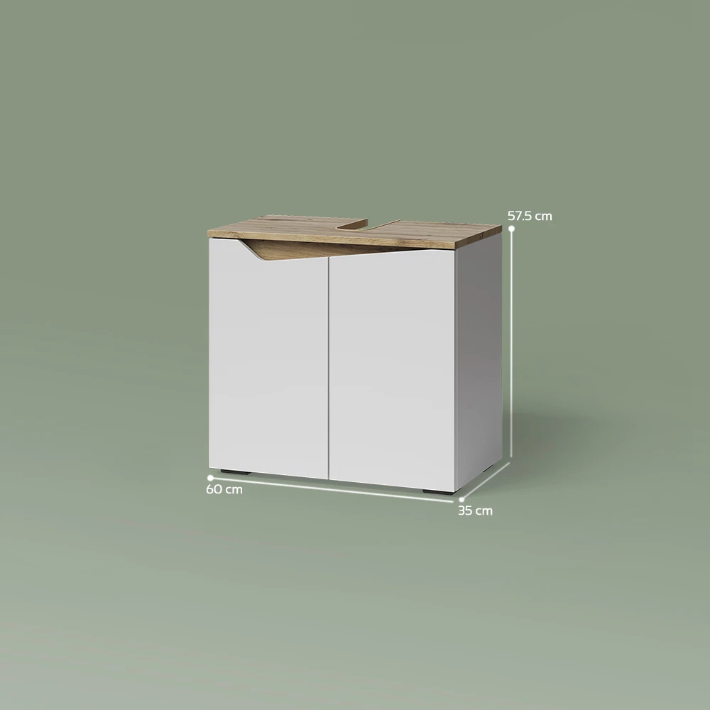 Waschbeckenunterschrank in Weiß auf weißem Hintergrund mit sichtbaren Maßen