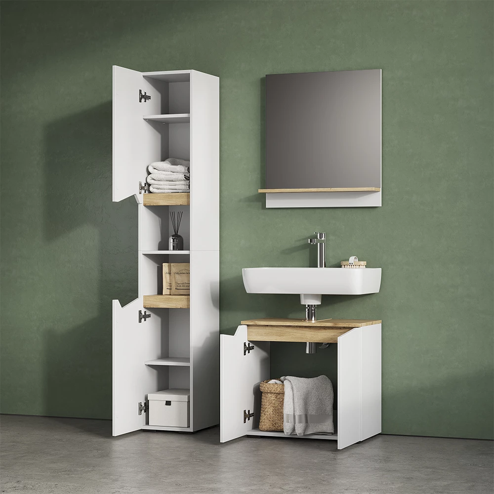 Nahaufnahme von Waschbeckenunterschrank in Weiß, zeigt Textur/Details