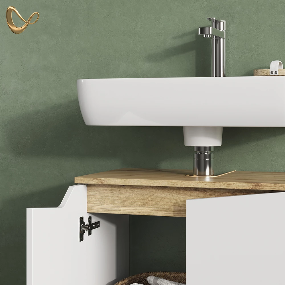 Nahaufnahme von Waschbeckenunterschrank in Weiß, zeigt Design- und Oberflächendetails