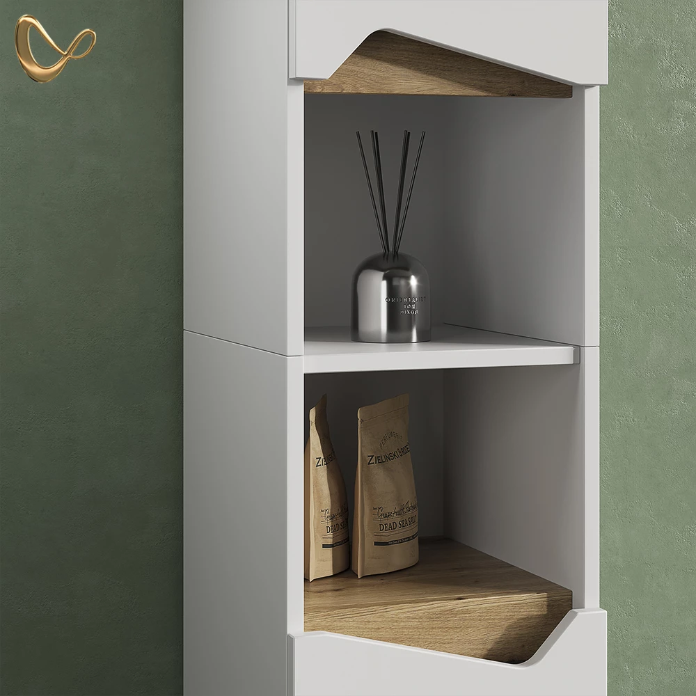 Nahaufnahme von Badmöbel-Kombination in Weiß, zeigt Design- und Oberflächendetails