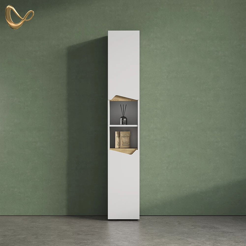 Badschrank Timavo Weiß 30 x 180 cm mit Türen, und offenen Fächern livinity®