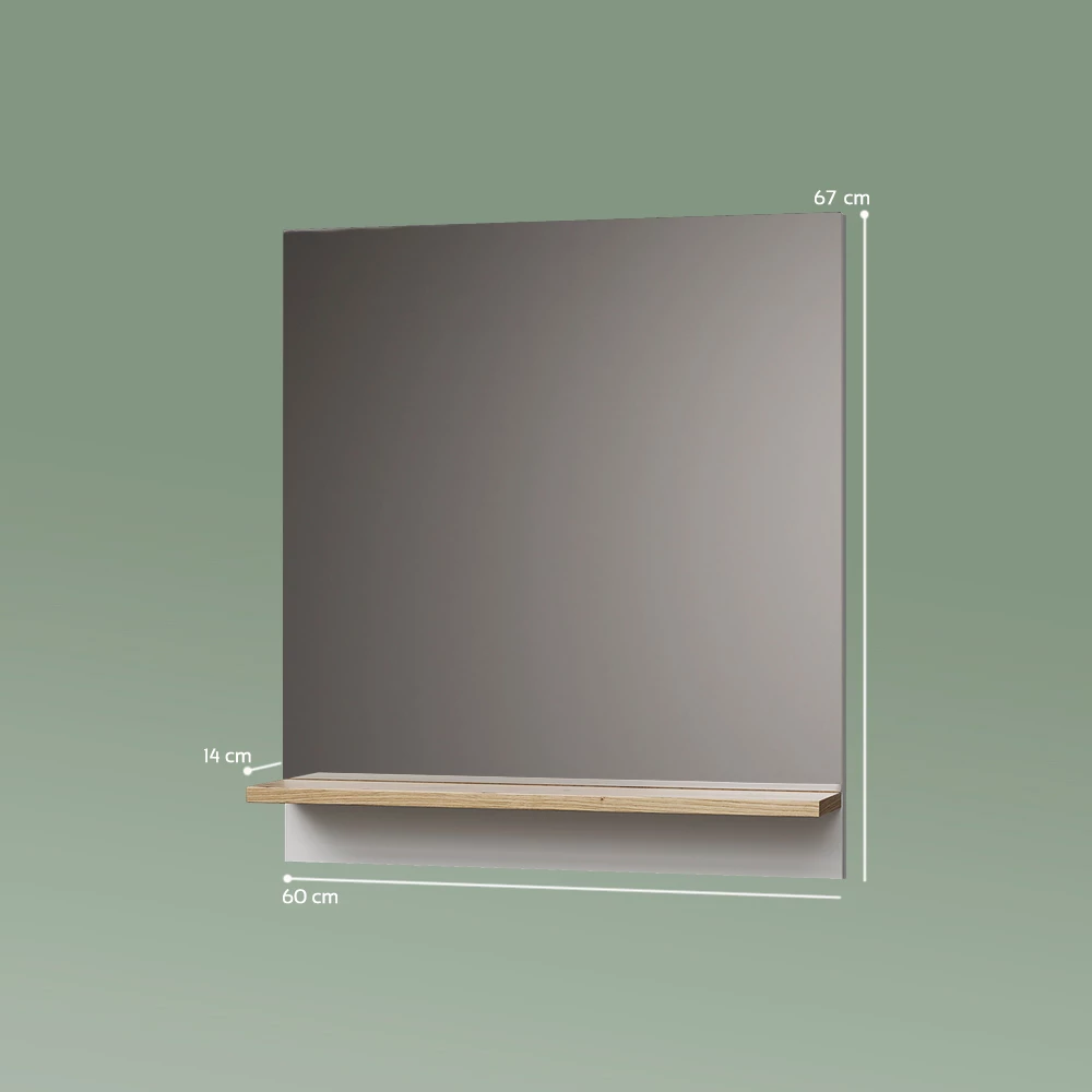 Badspiegel in Weiß auf weißem Hintergrund mit sichtbaren Maßen