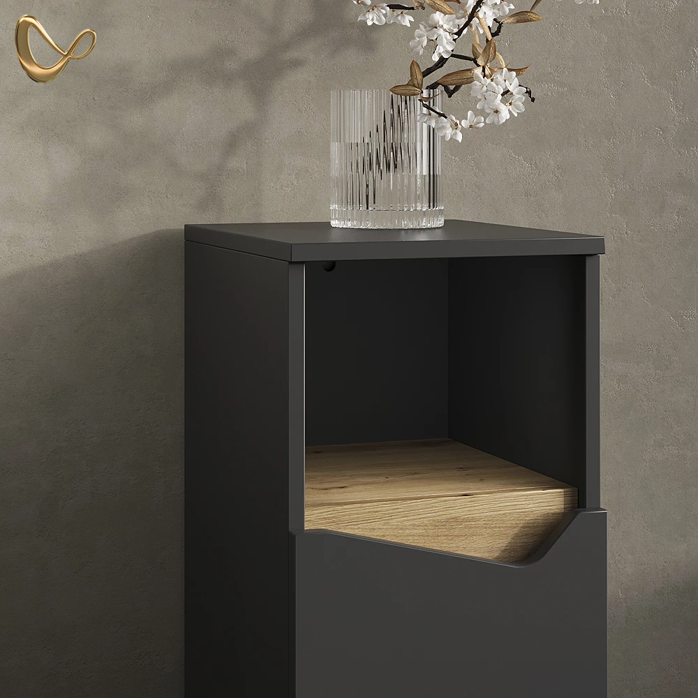 Nahaufnahme von Badmöbel-Kombination in Anthrazit, zeigt Design- und Oberflächendetails