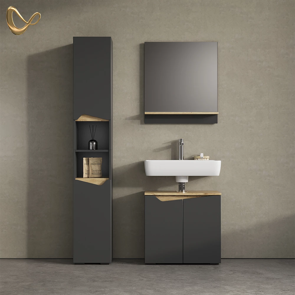 Badmöbel-Kombination in Anthrazit, dargestellt im Ambiente und auf weißem Hintergrund