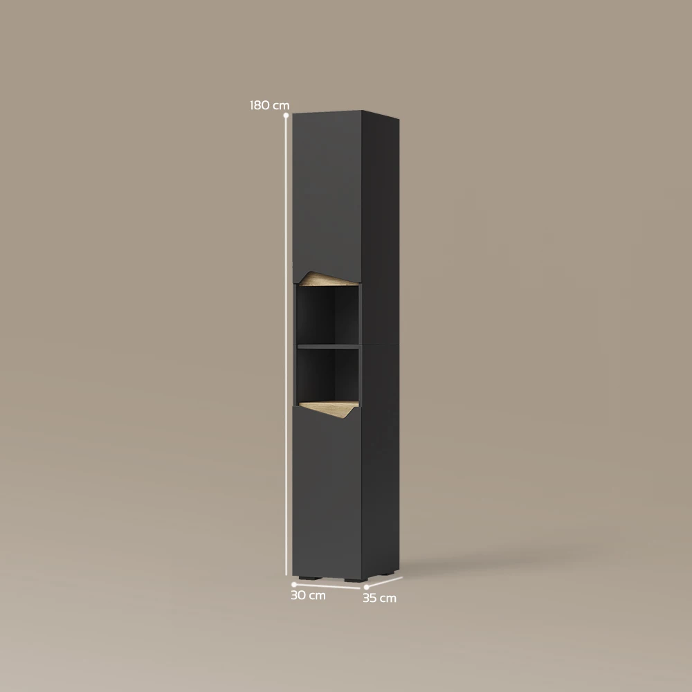 Badschrank in Anthrazit auf weißem Hintergrund mit sichtbaren Maßen