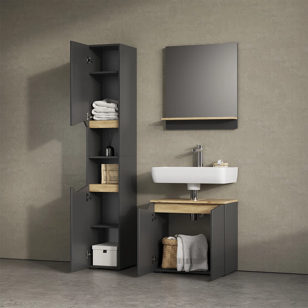 Nahaufnahme von Badmöbel-Kombination in Anthrazit, zeigt Textur/Details