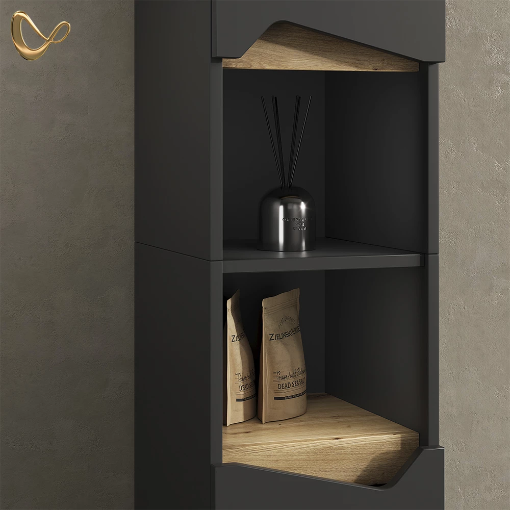 Nahaufnahme von Badmöbel-Kombination in Anthrazit, zeigt Design- und Oberflächendetails