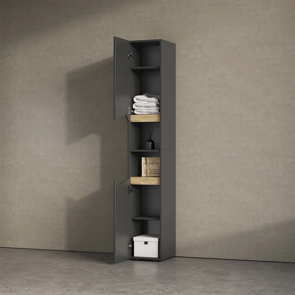 Badschrank in Anthrazit auf weißem Hintergrund mit dekorativen Elementen