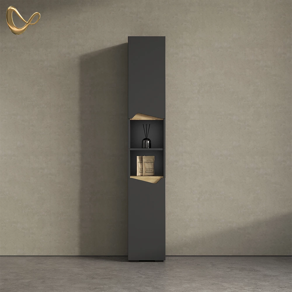 Badschrank Timavo Anthrazit 30 x 180 cm mit Türen, und offenen Fächern livinity®