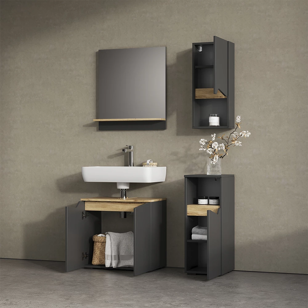 livinity® Badschrank Anthrazit 30 x 67 cm mit Tür und offenem Fach, Timavo