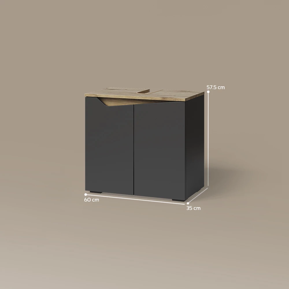 Waschbeckenunterschrank in Anthrazit auf weißem Hintergrund mit sichtbaren Maßen