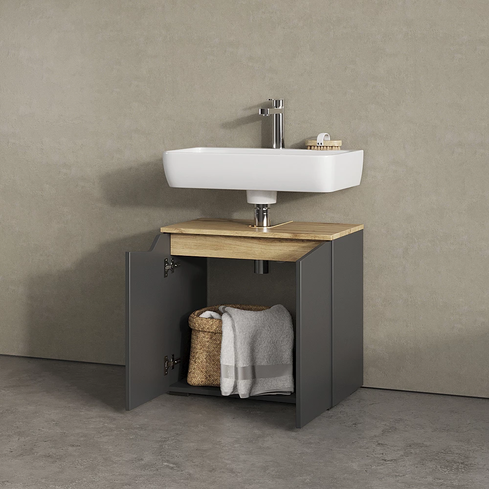 Waschbeckenunterschrank in Anthrazit auf weißem Hintergrund mit dekorativen Elementen