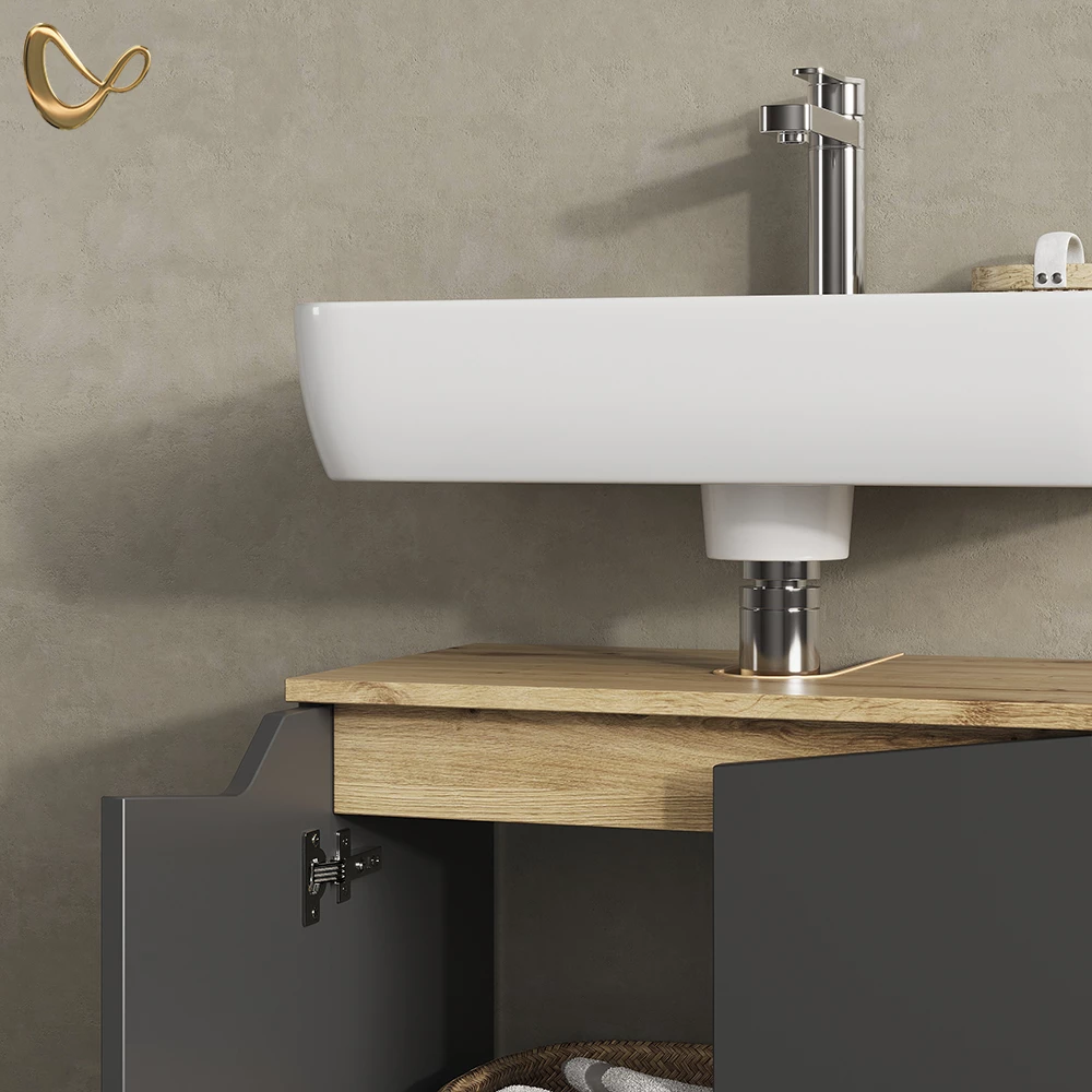 Nahaufnahme von Badmöbel-Set in Anthrazit, zeigt Design- und Oberflächendetails