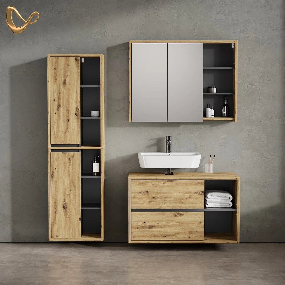Badmöbel-Set in Artisan-Eiche, dargestellt im Ambiente und auf weißem Hintergrund