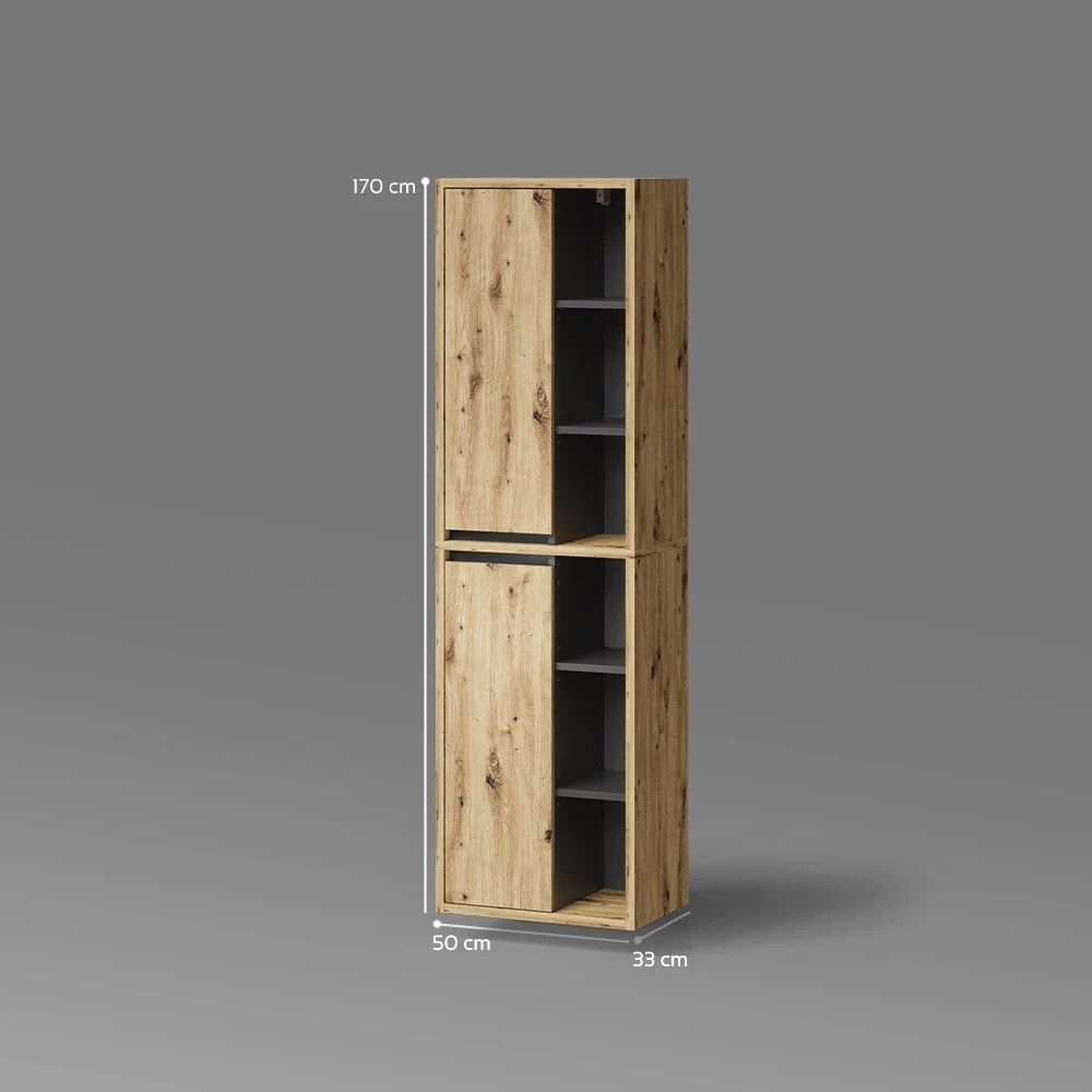Badschrank in Artisan-Eiche auf weißem Hintergrund mit sichtbaren Maßen