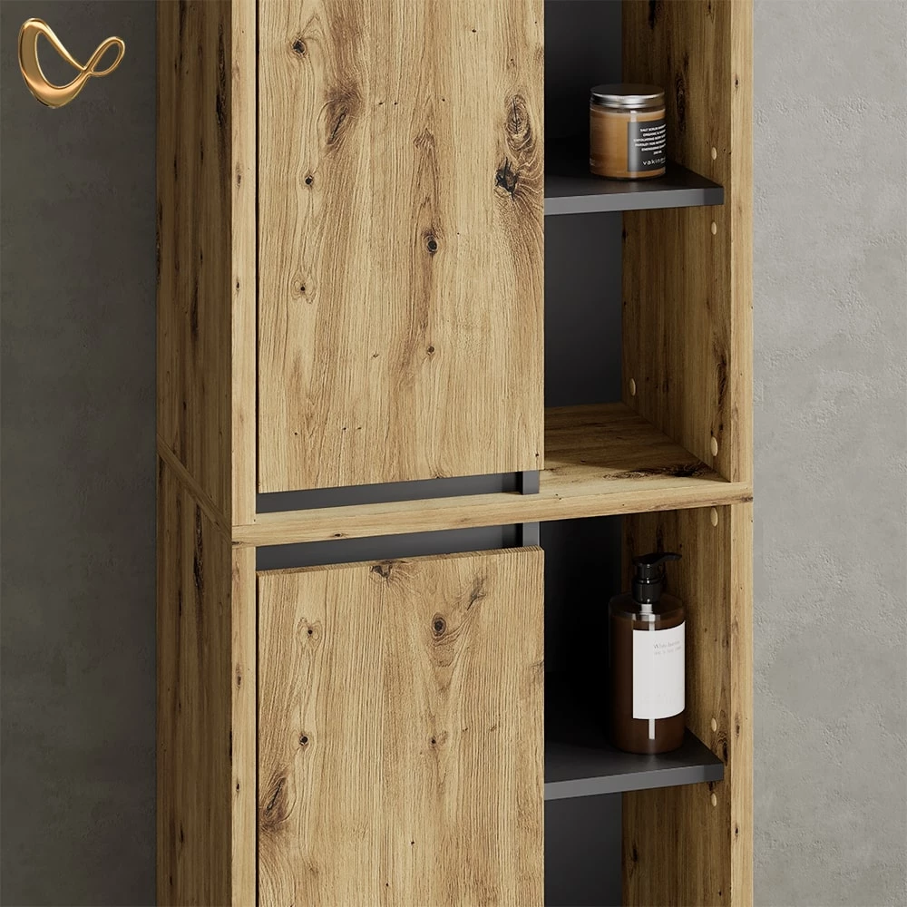 Nahaufnahme von Badschrank in Artisan-Eiche, zeigt Design- und Oberflächendetails