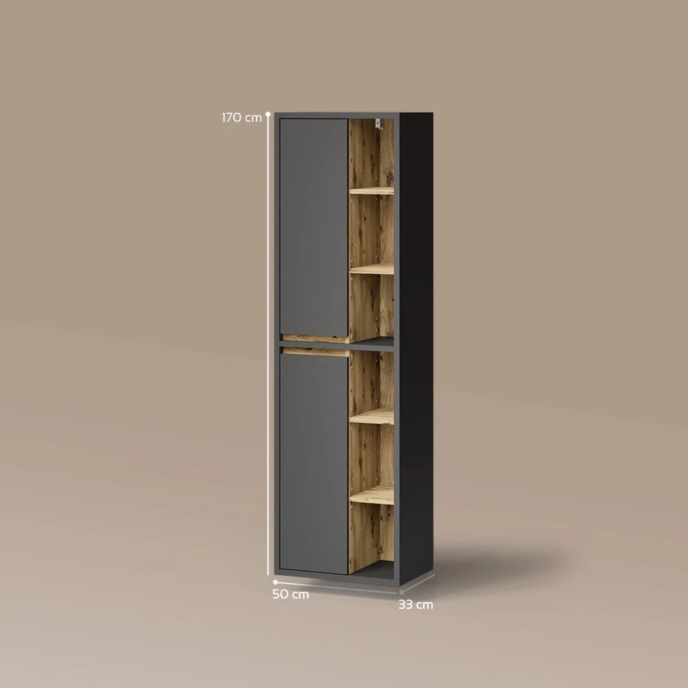Badschrank in Anthrazit auf weißem Hintergrund mit sichtbaren Maßen