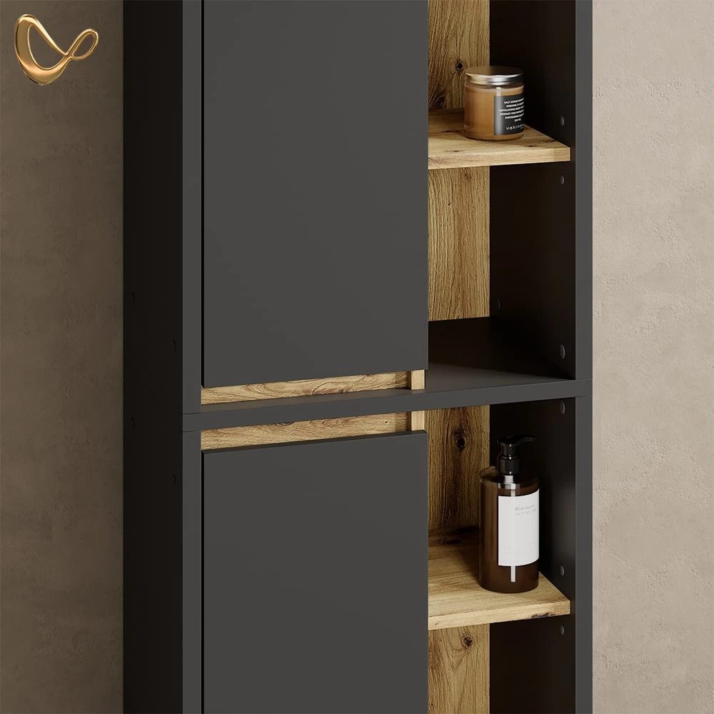 Nahaufnahme von Badschrank in Anthrazit, zeigt Design- und Oberflächendetails