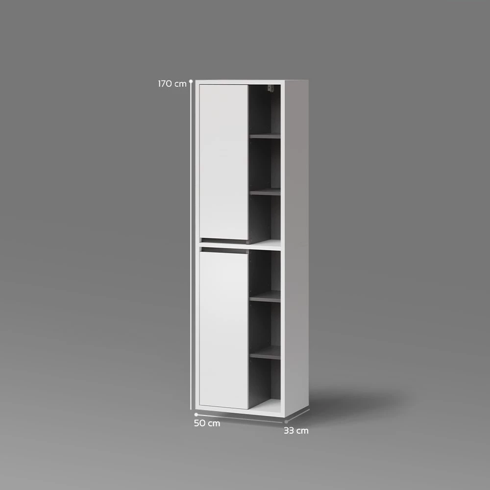 Badschrank in Weiß auf weißem Hintergrund mit sichtbaren Maßen