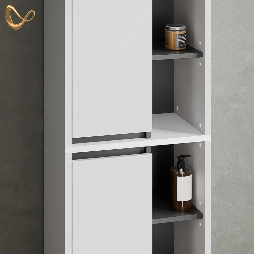 Nahaufnahme von Badschrank in Weiß, zeigt Design- und Oberflächendetails