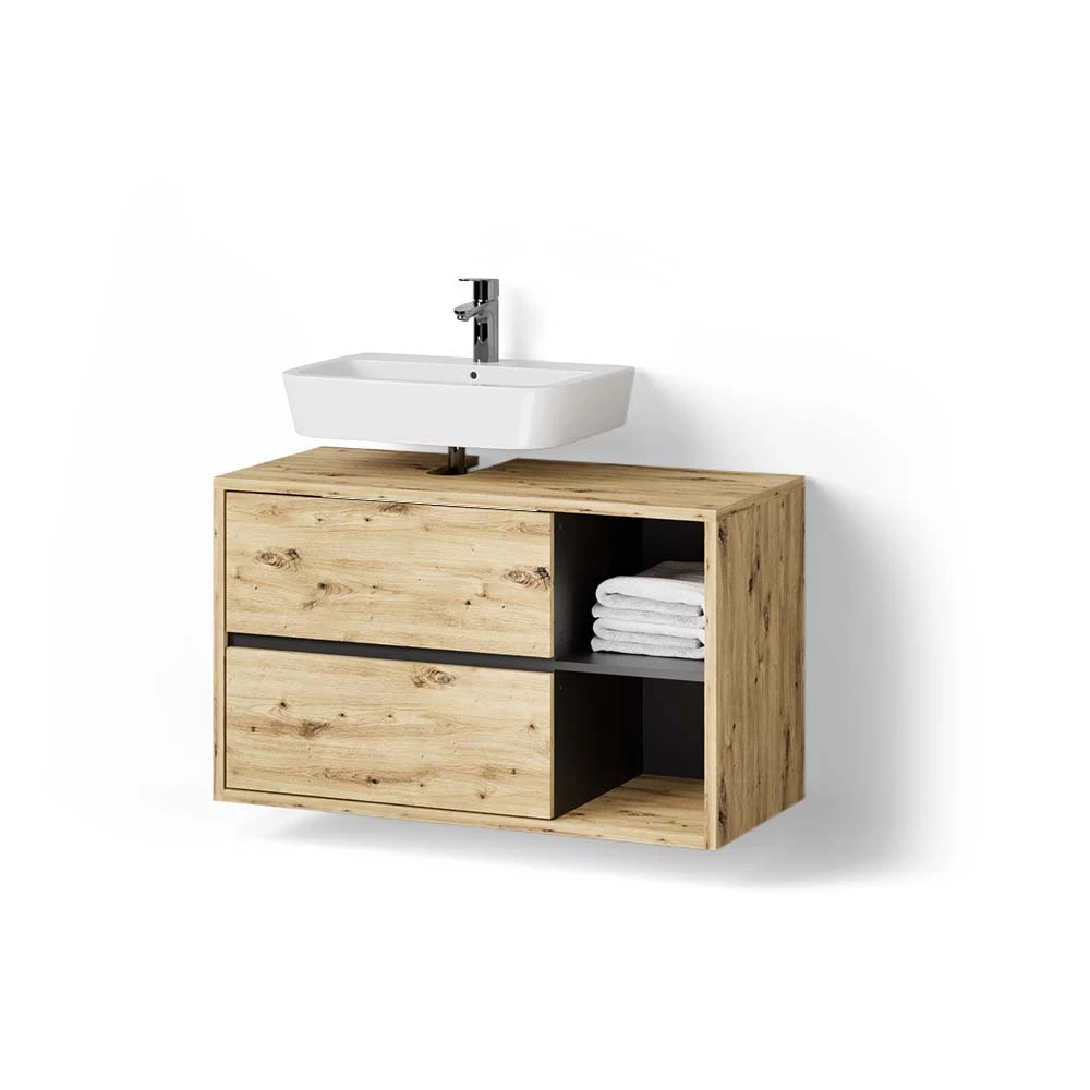 Waschbeckenunterschrank in Artisan-Eiche auf weißem Hintergrund