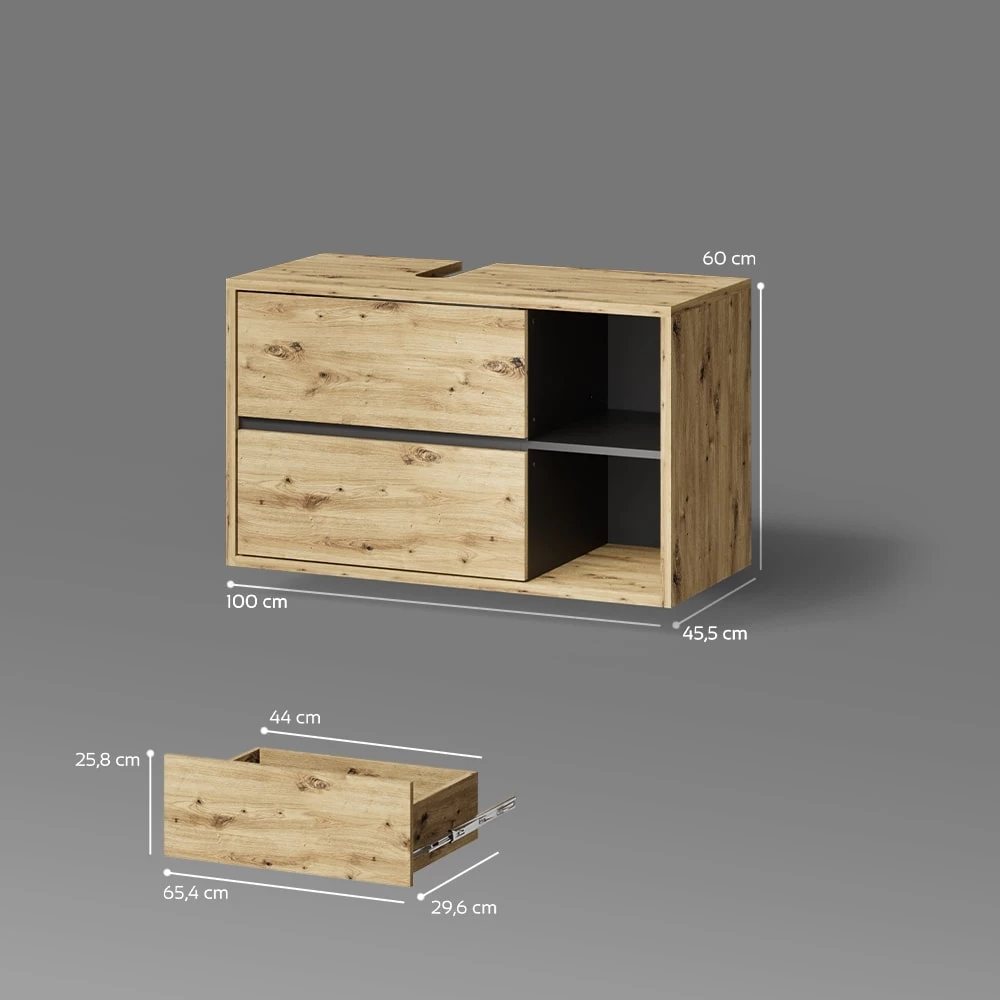 Waschbeckenunterschrank in Artisan-Eiche auf weißem Hintergrund mit sichtbaren Maßen