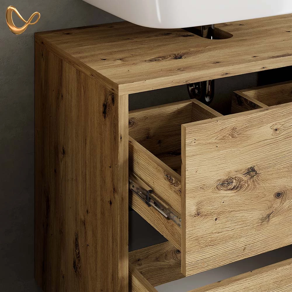Nahaufnahme von Badmöbel-Set in Artisan-Eiche, zeigt Design- und Oberflächendetails
