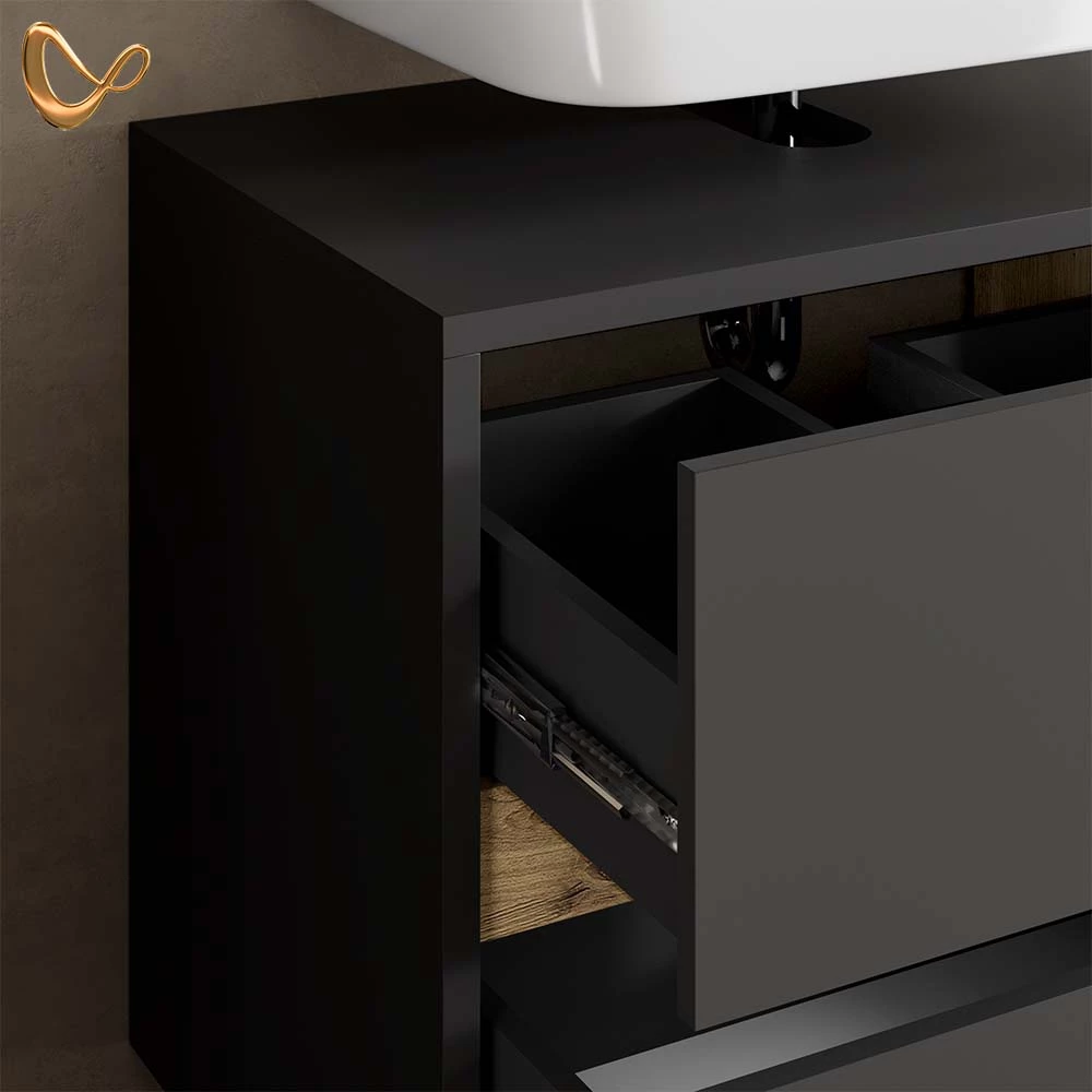 Nahaufnahme von Badmöbel-Set in Anthrazit, zeigt Design- und Oberflächendetails
