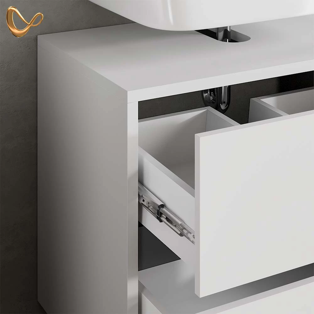 Nahaufnahme von Badmöbel-Set in Weiß, zeigt Design- und Oberflächendetails
