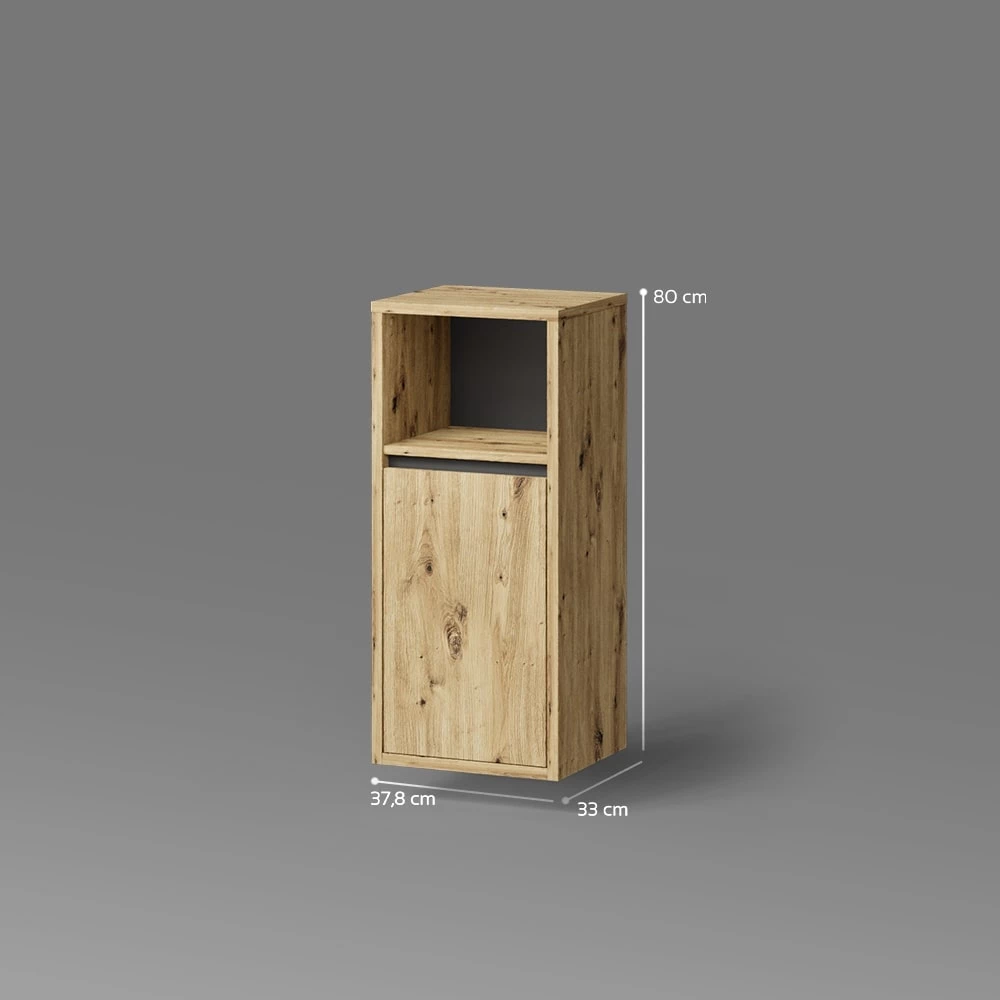 Midischrank in Artisan-Eiche auf weißem Hintergrund mit sichtbaren Maßen