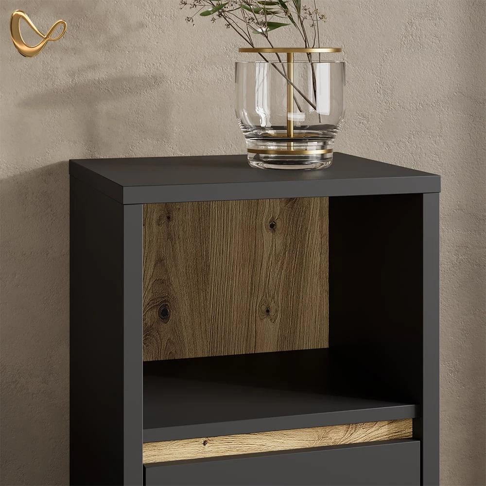Nahaufnahme von Badmöbel-Set in Anthrazit, zeigt Design- und Oberflächendetails