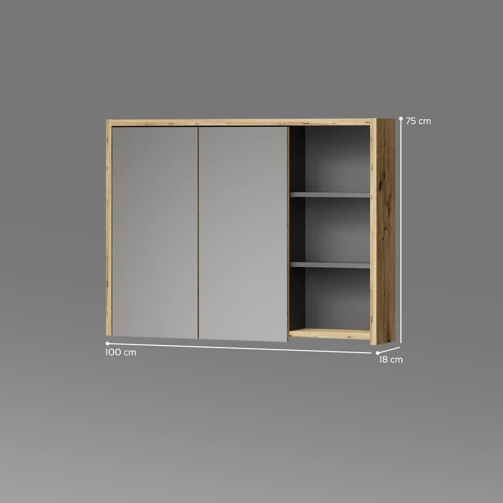 Badspiegelschrank in Eiche/Anthrazit auf weißem Hintergrund mit sichtbaren Maßen