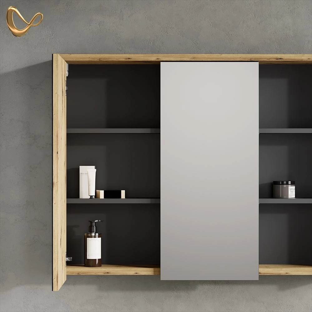 Nahaufnahme von Badspiegelschrank in Eiche/Anthrazit, zeigt Design- und Oberflächendetails
