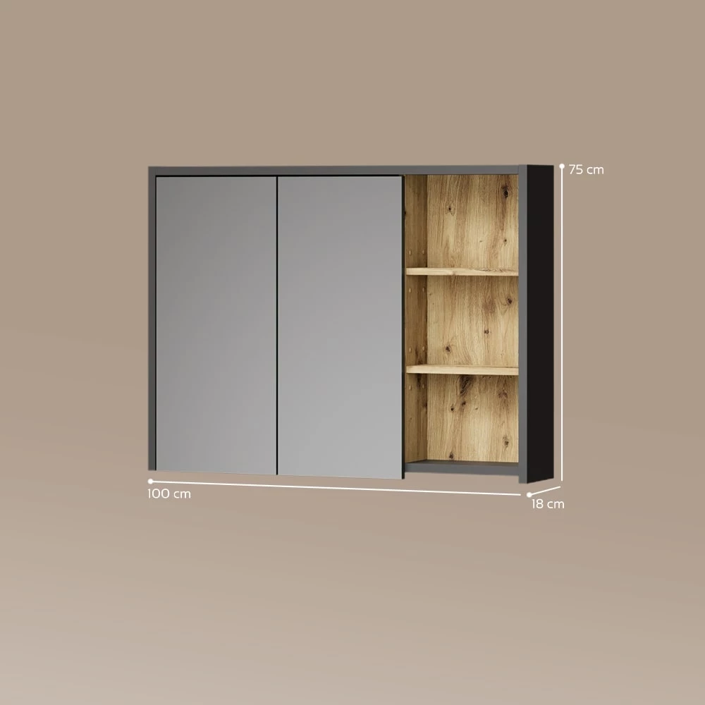 Badspiegelschrank in Artisan-Eiche auf weißem Hintergrund mit sichtbaren Maßen