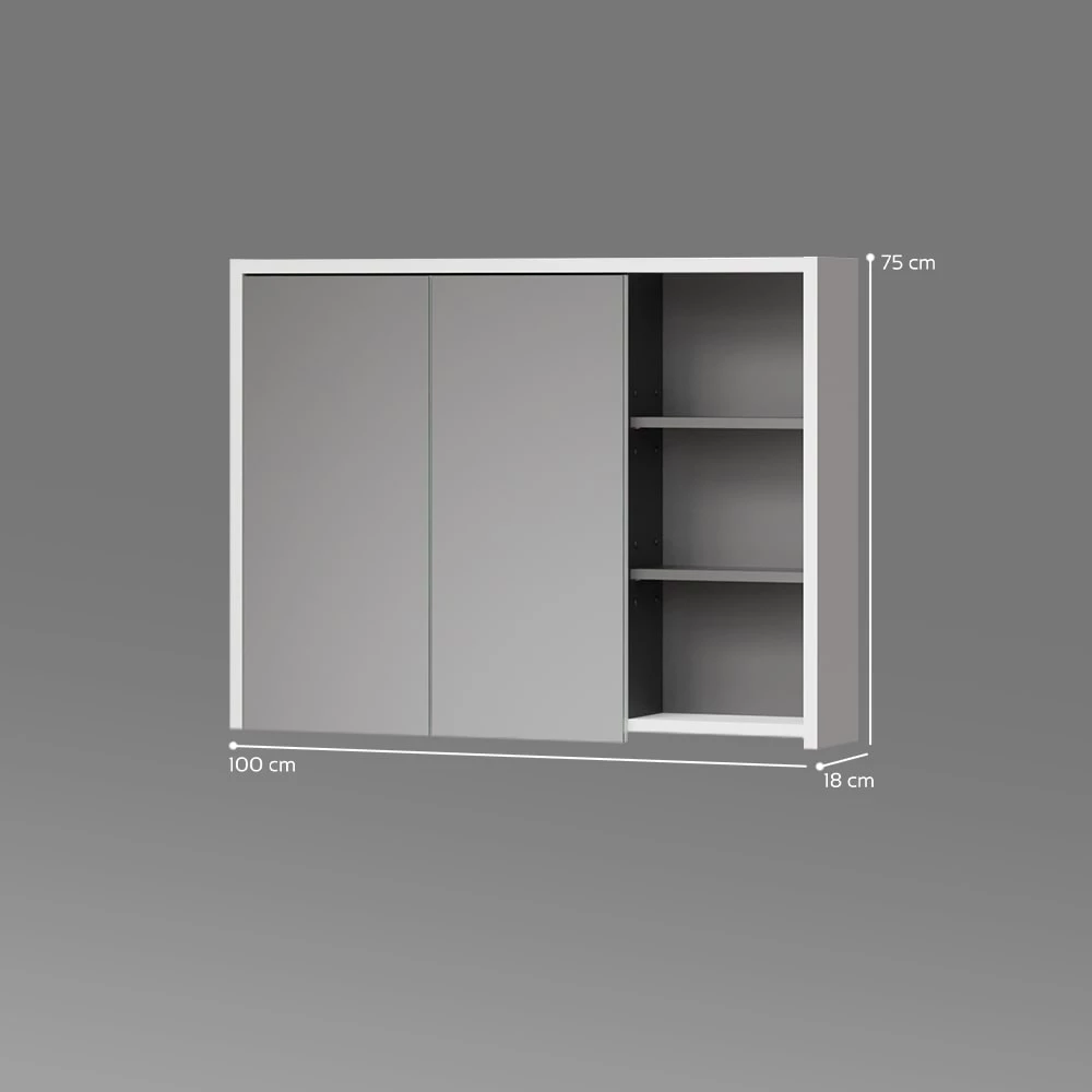 Badspiegelschrank in Weiß/Anthrazit auf weißem Hintergrund mit sichtbaren Maßen
