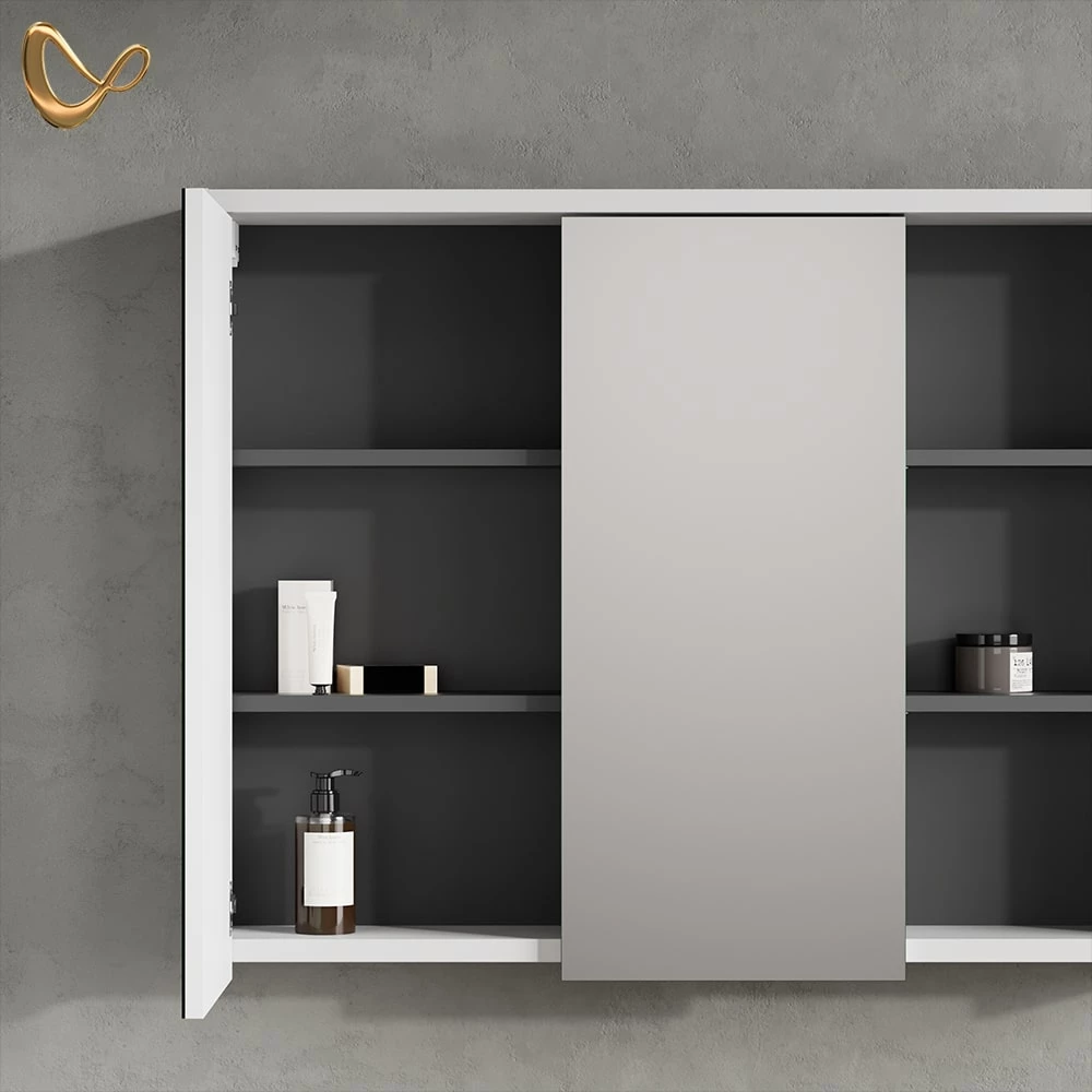Nahaufnahme von Badspiegelschrank in Weiß/Anthrazit, zeigt Design- und Oberflächendetails