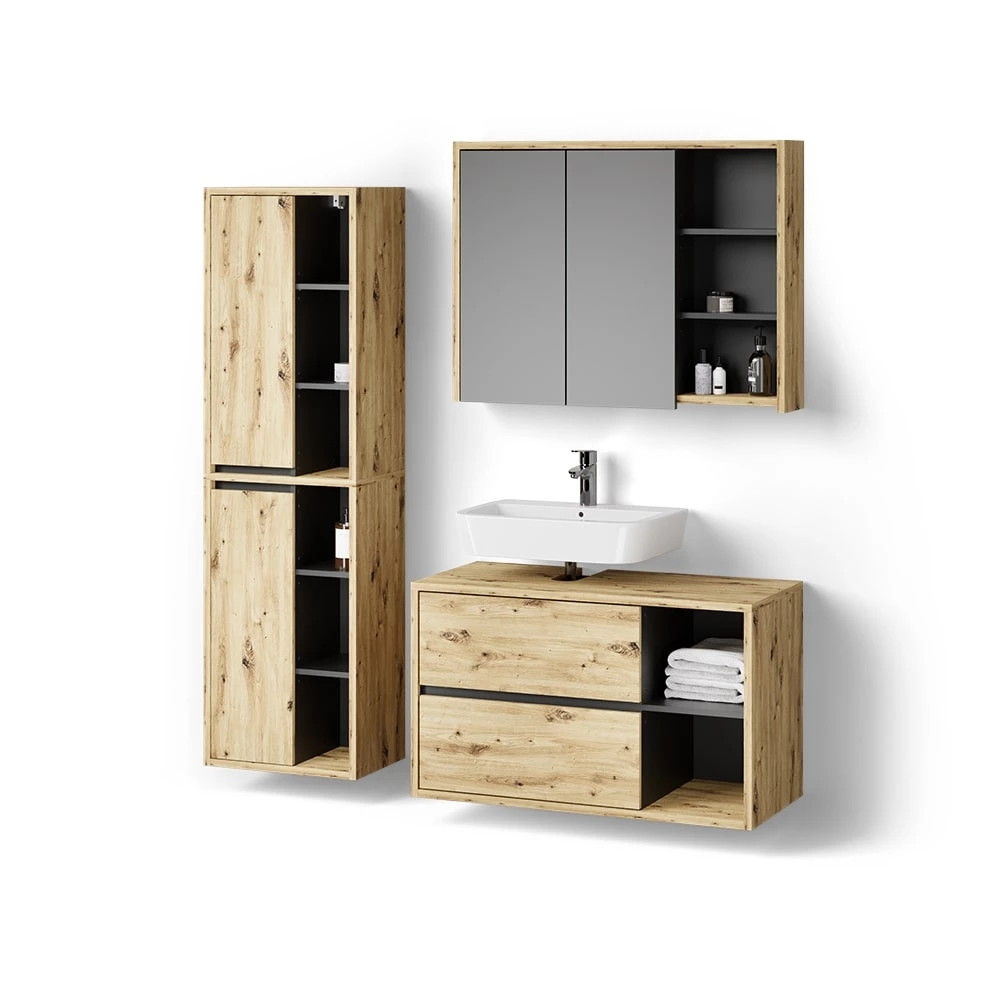 Badmöbel-Set in Artisan-Eiche auf weißem Hintergrund