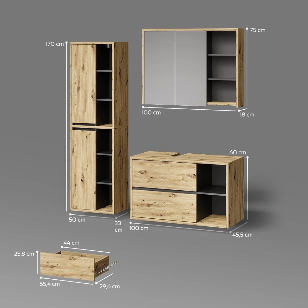 Badmöbel-Set in Artisan-Eiche auf weißem Hintergrund mit sichtbaren Maßen