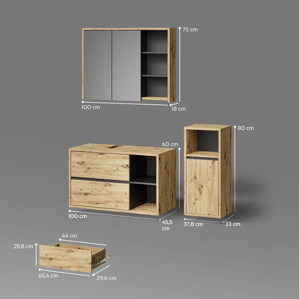 Badmöbel-Set in Braun auf weißem Hintergrund mit sichtbaren Maßen