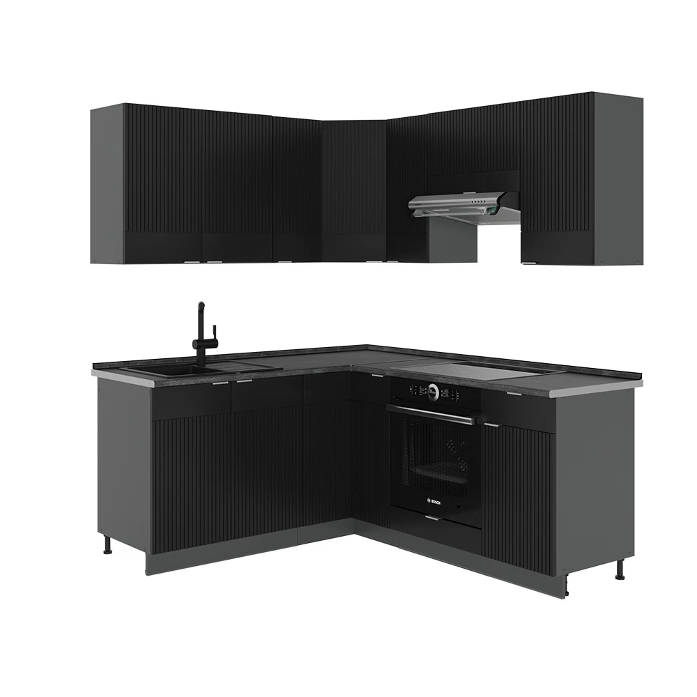 Kotna kuhinja v Črna črtasta/antracitna na belem ozadju