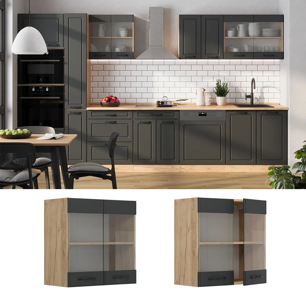 Glazen keukenkast in Antraciet landhuis, shown in ambient setting and on white background