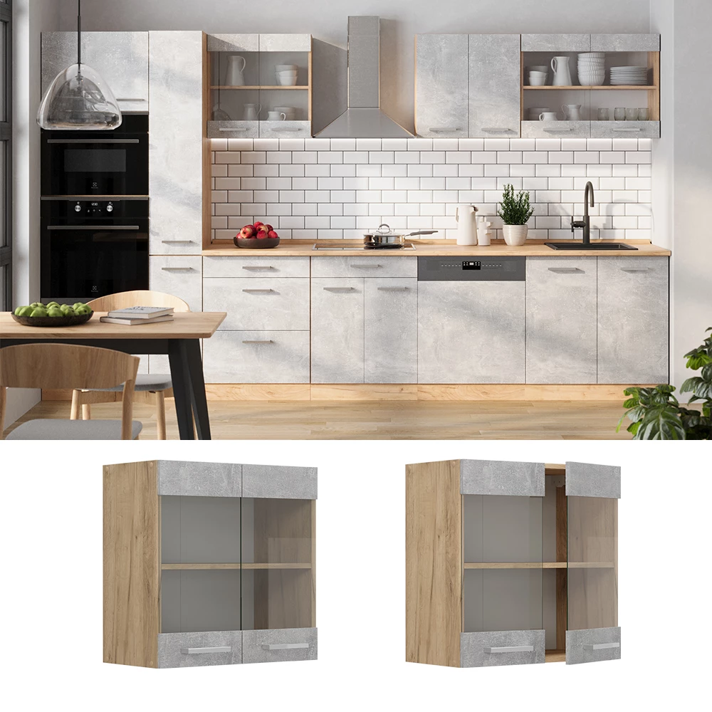 Glazen keukenkast in Beton, shown in ambient setting and on white background