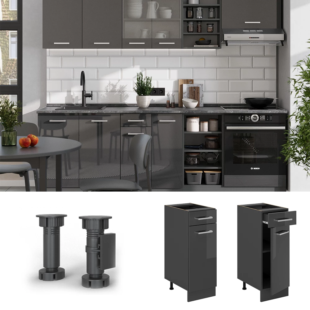 Cucina Componibile Vicco R-Line - 300 Cm, Colore Antracite Lucido, Con Armadio Alto - Piano Marmo PL