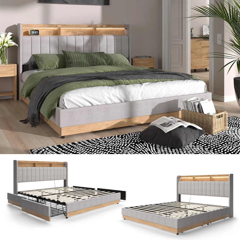 Vitalispa Polsterbett Grau 187.5 x 216 cm mit 4 Schubladen, Nura