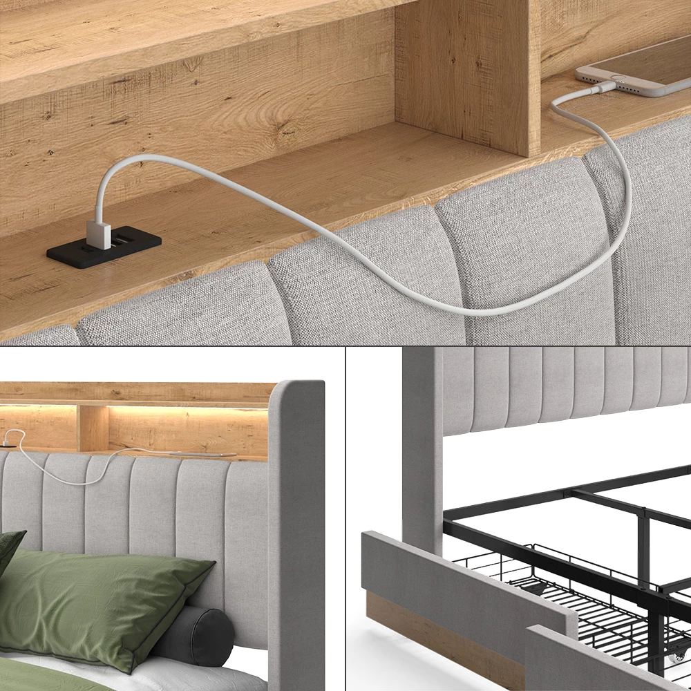 livinity® Polsterbett Grau 187.5 x 216 cm mit 4 Schubladen, Nura