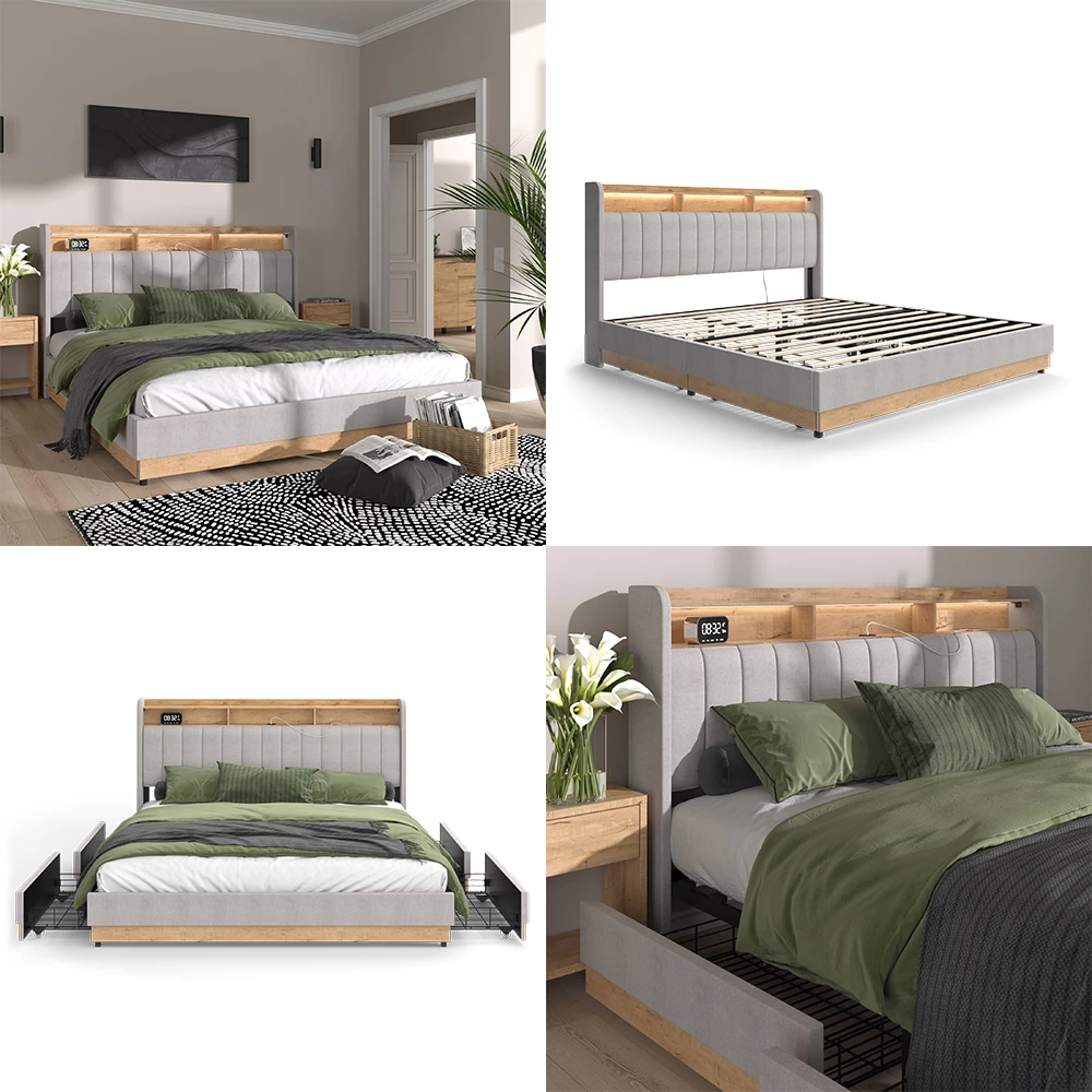 livinity® Polsterbett Grau 187.5 x 216 cm mit 4 Schubladen, Nura