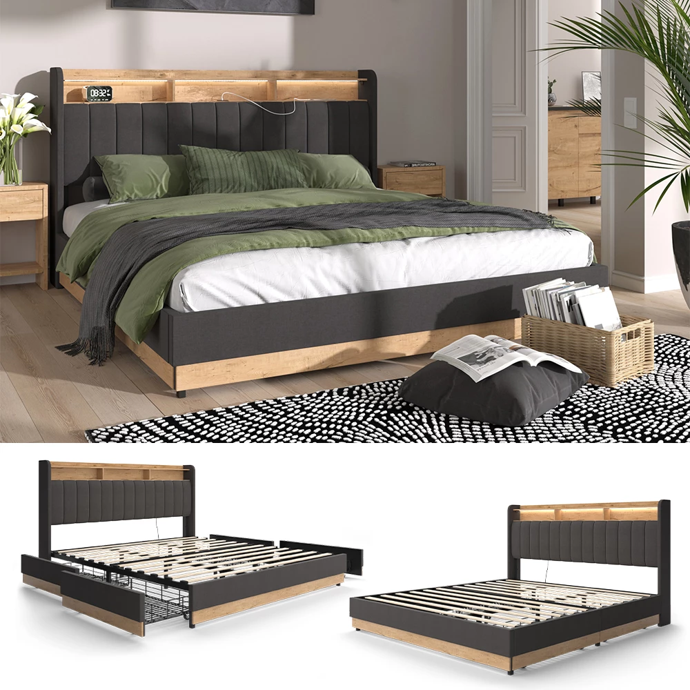 Vitalispa Polsterbett Anthrazit 187.5 x 216 cm mit 4 Schubladen, Nura
