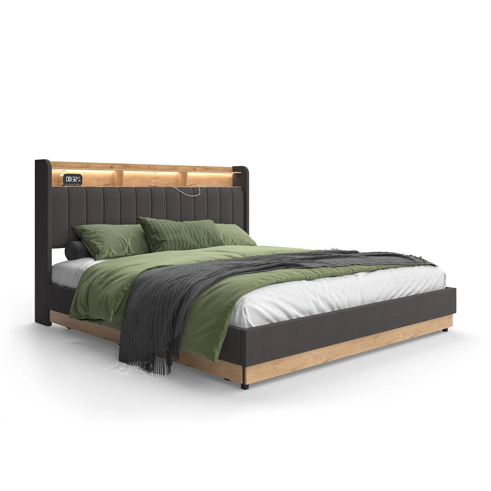 Polsterbett in Anthrazit auf weißem Hintergrund mit dekorativen Elementen