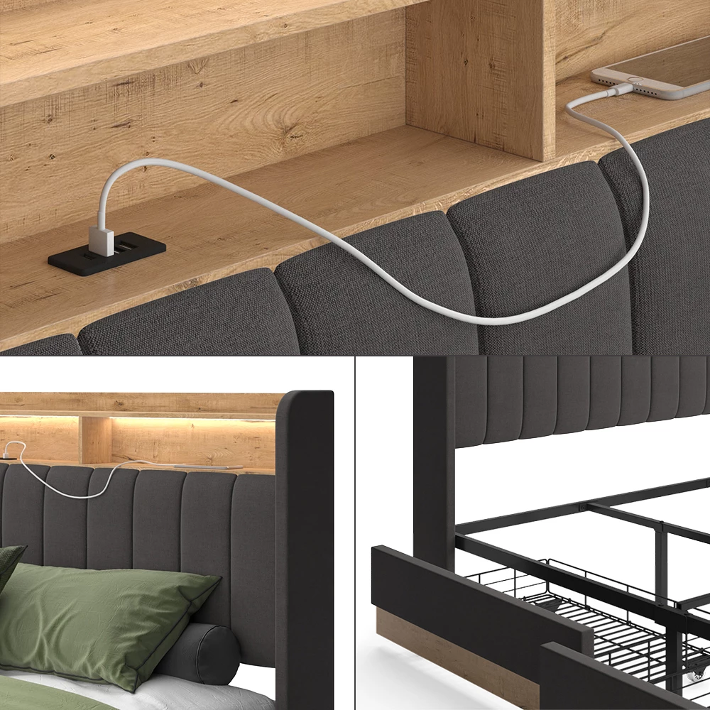 Nahaufnahme von Polsterbett in Anthrazit, zeigt Design- und Oberflächendetails